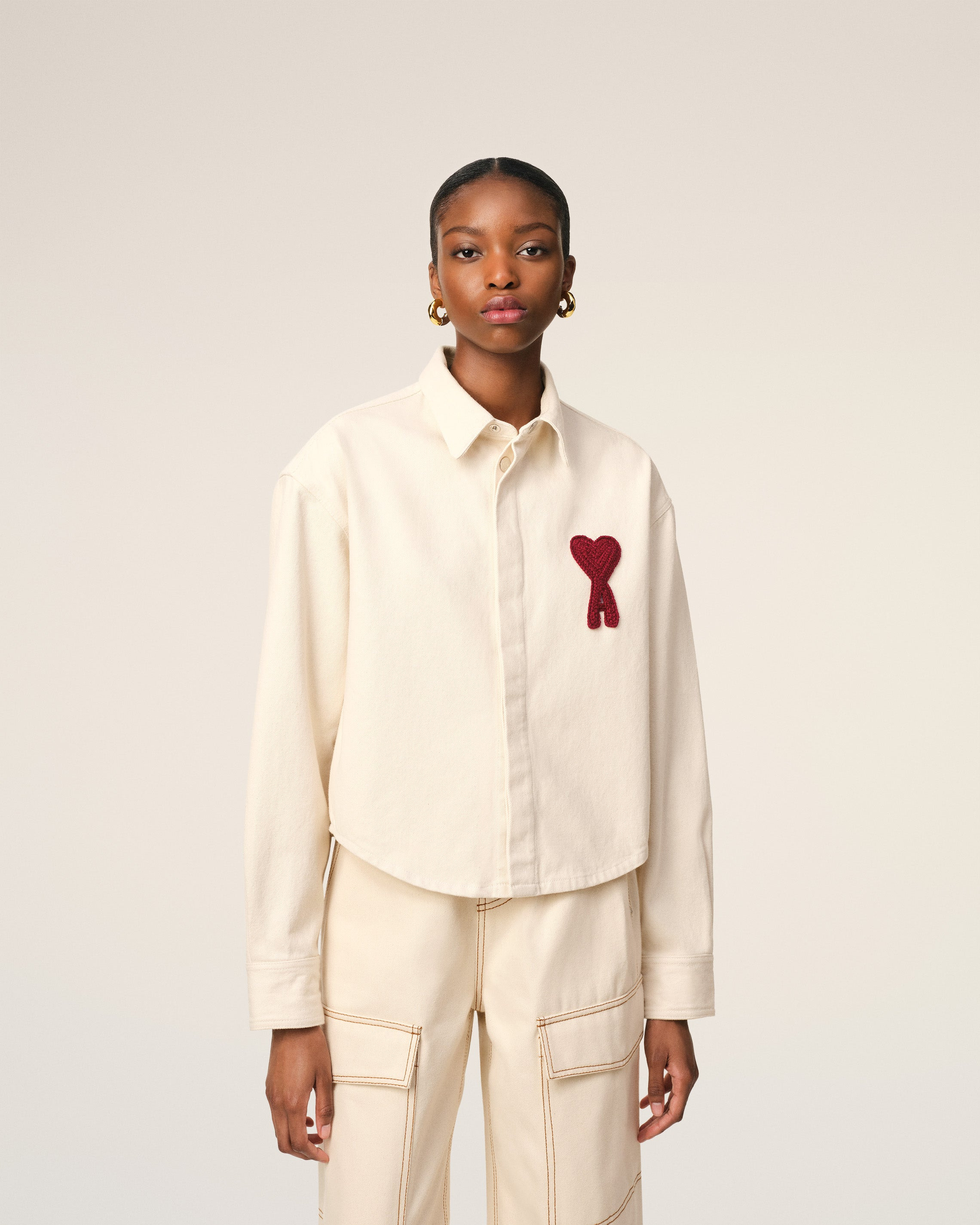 BEIGE COTTON AMI DE COEUR CROPPED SHIRT - 3