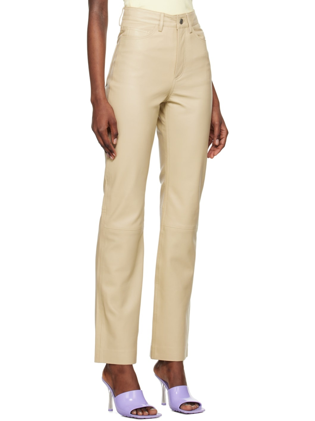 Beige Straight-Leg Leather Pants - 2
