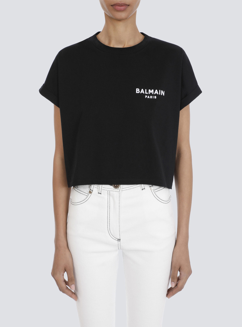 Cropped eco-designed cotton T-shirt with small flocked Balmain logo 7