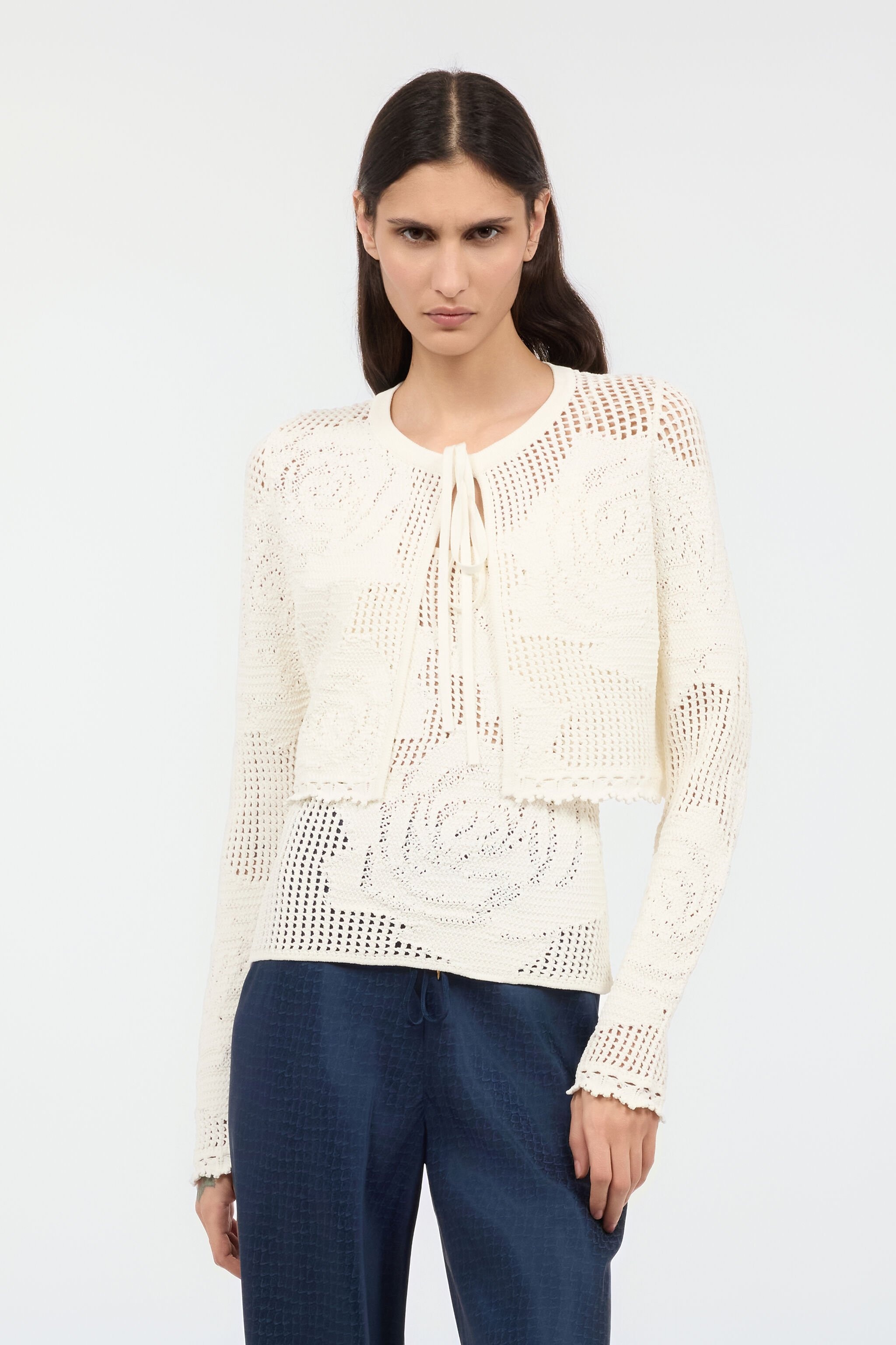 Openwork Cropped Cardigan With Roses - 3