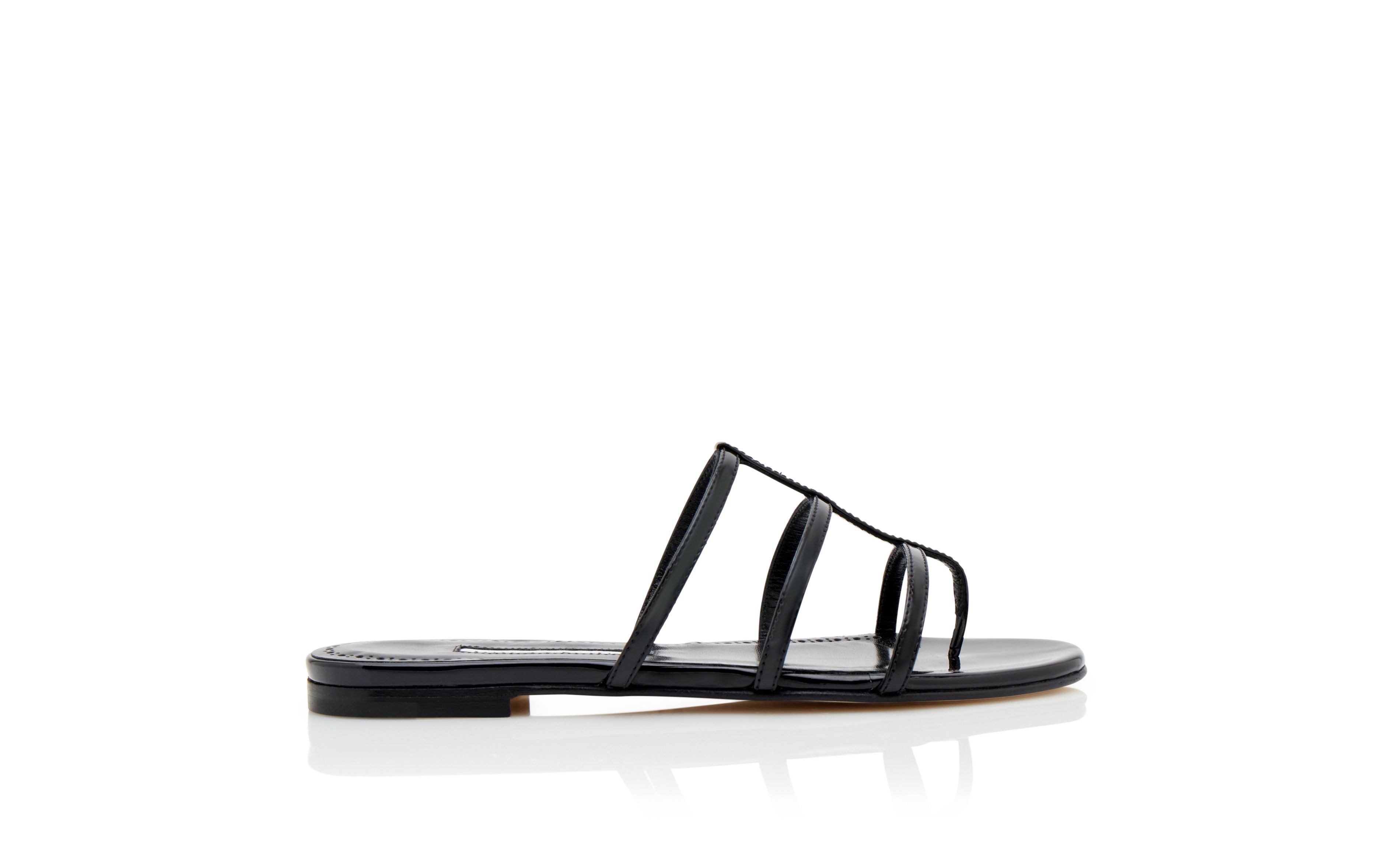Black Patent Leather Strappy Flat Sandals - 1