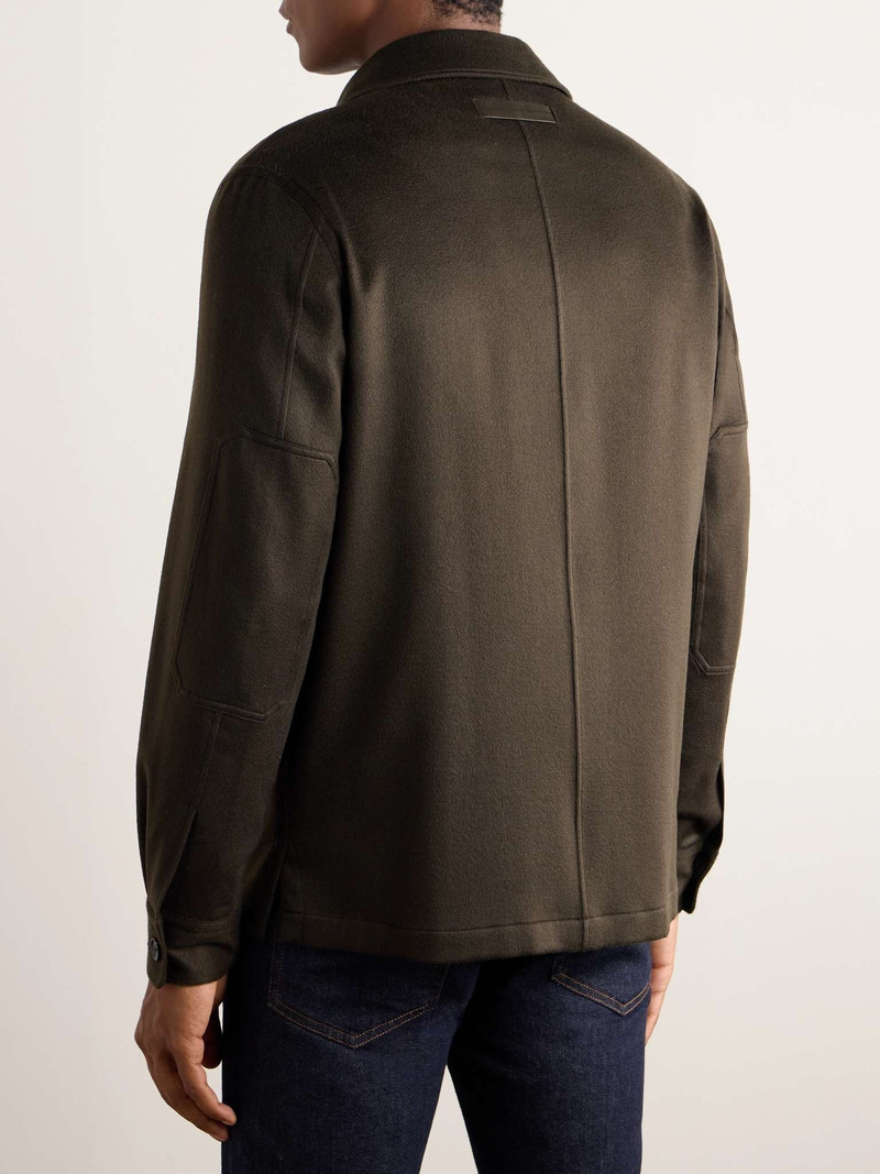 Camp-Collar Logo-Appliquéd Leather-Trimmed Oasi Cashmere Overshirt 4