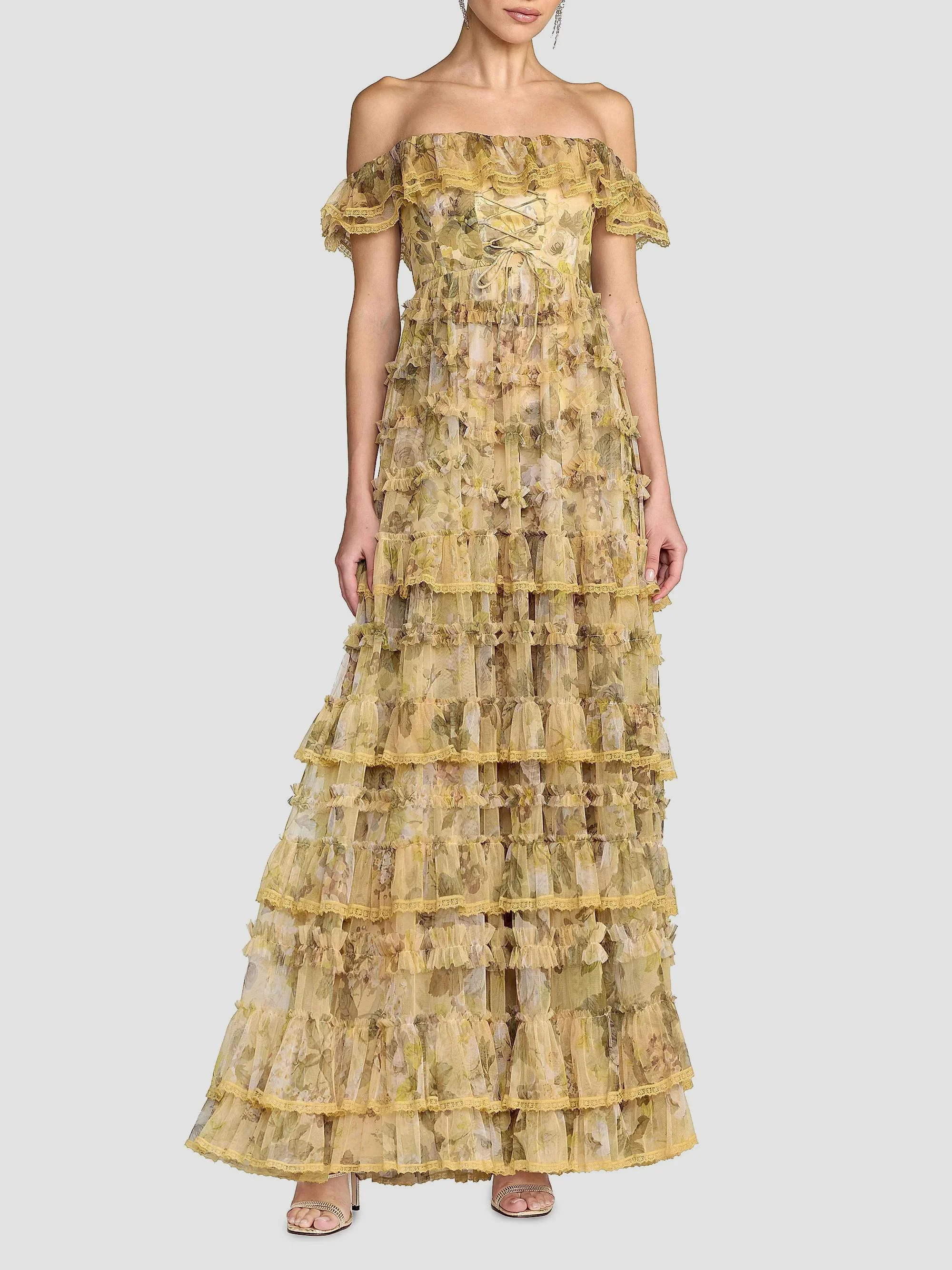 Women's Floral Tiered Off-The-Shoulder Gown - Buttercream - 1
