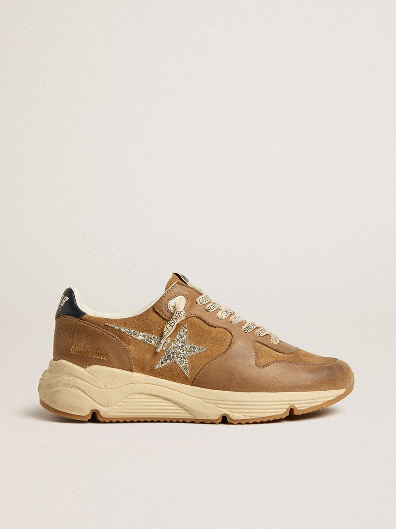 Women’s Running Sole in tobacco-colored nappa leather and suede with silver glitter star - 1
