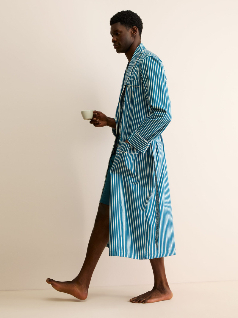 Men's Robe Royal Cotton Teal & White Stripe 7