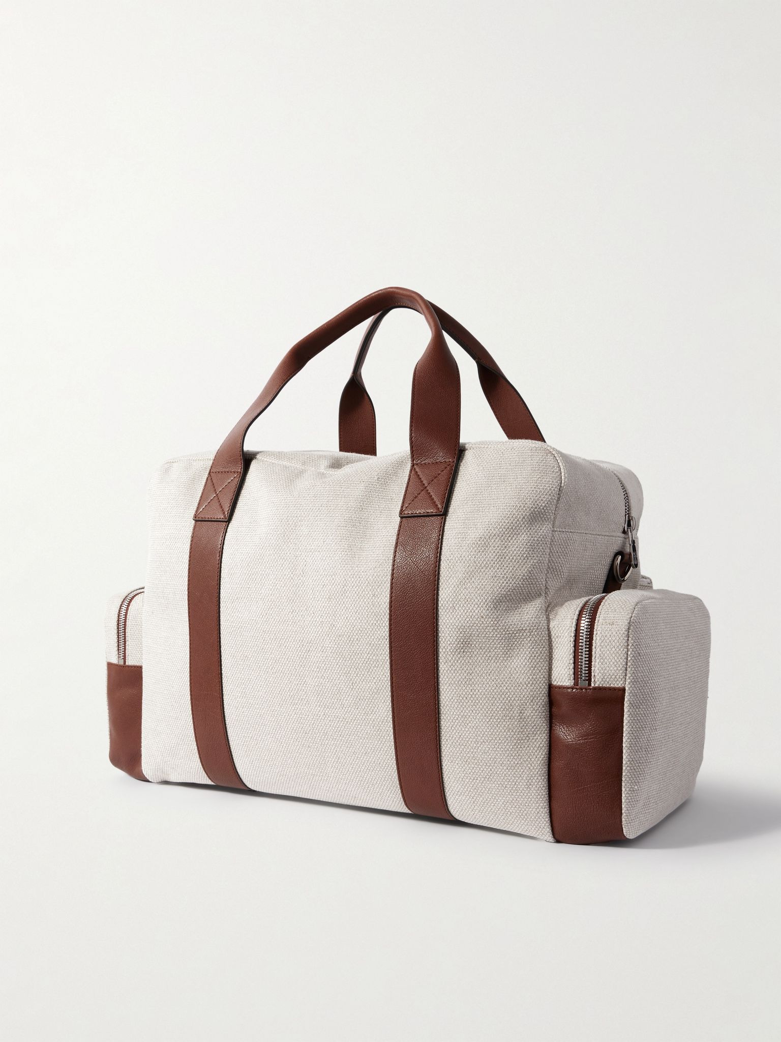 Leather-Trimmed Canvas Weekend Bag Beige - 3