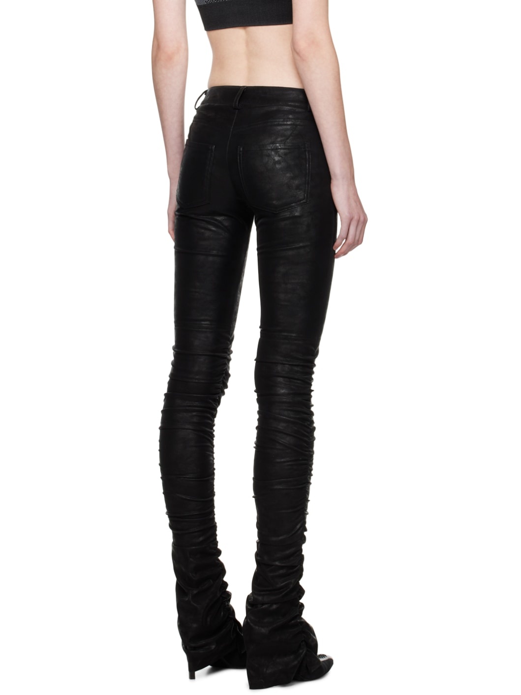 Black Ruched Faux-Leather Trousers - 3