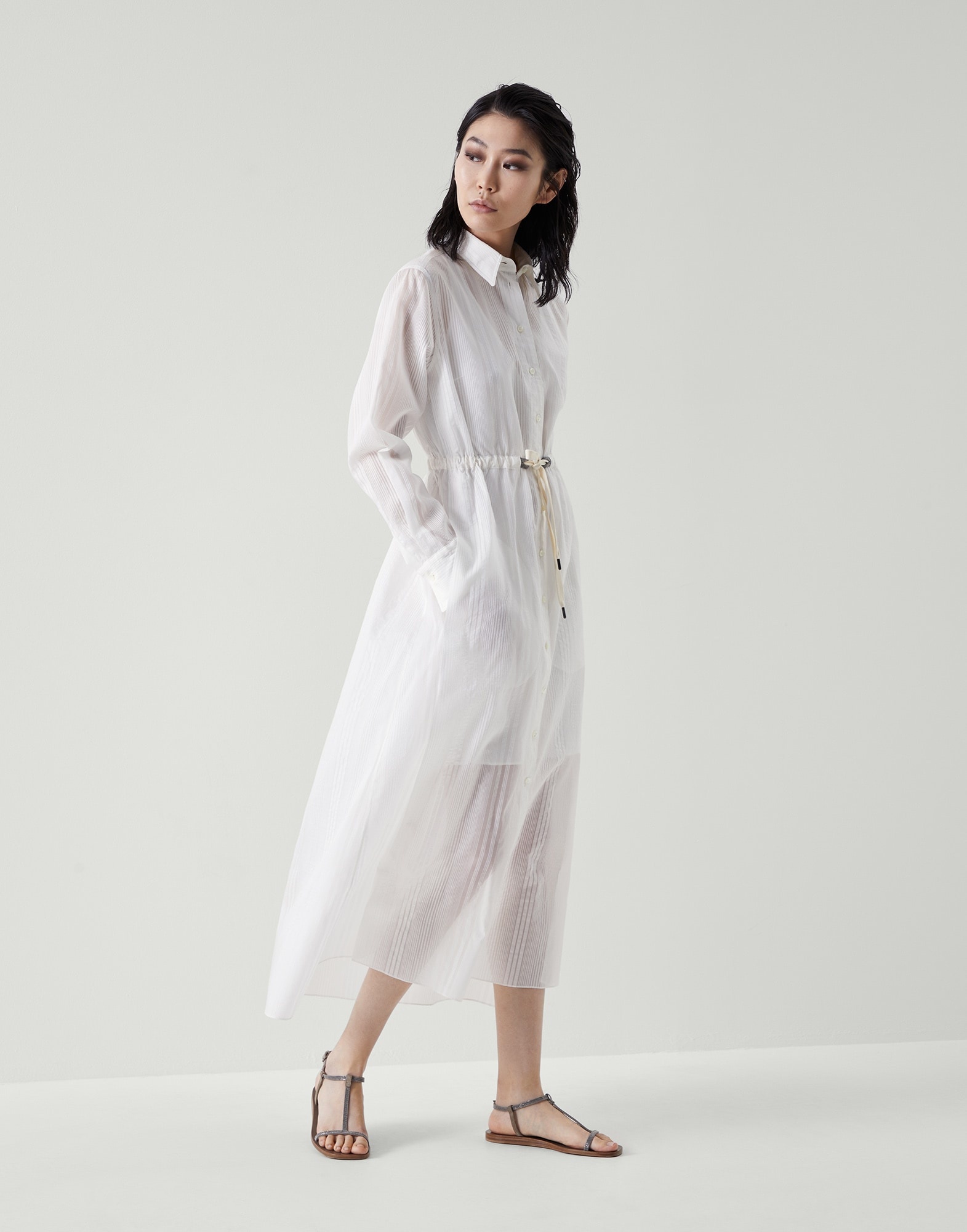 Cotton and silk sheer stripe organza belted shirt dress with precious eyelets - 2