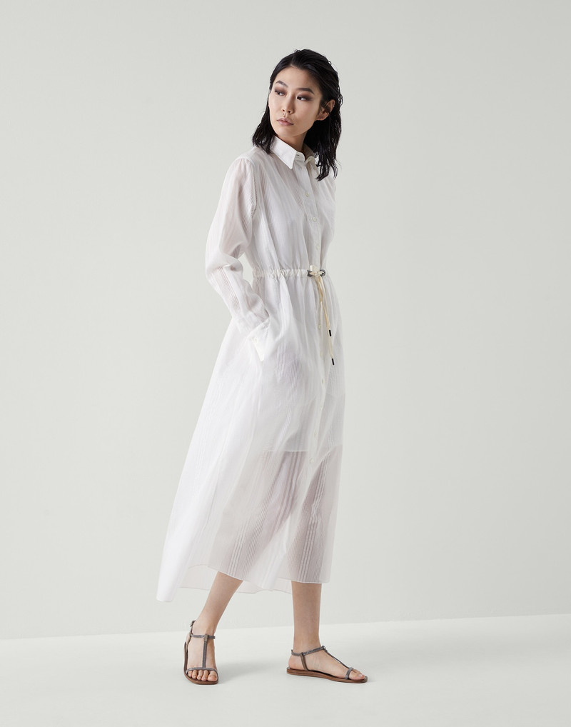 Brunello Cucinelli Cotton and silk sheer stripe organza belted shirt dress with precious eyelets outlook