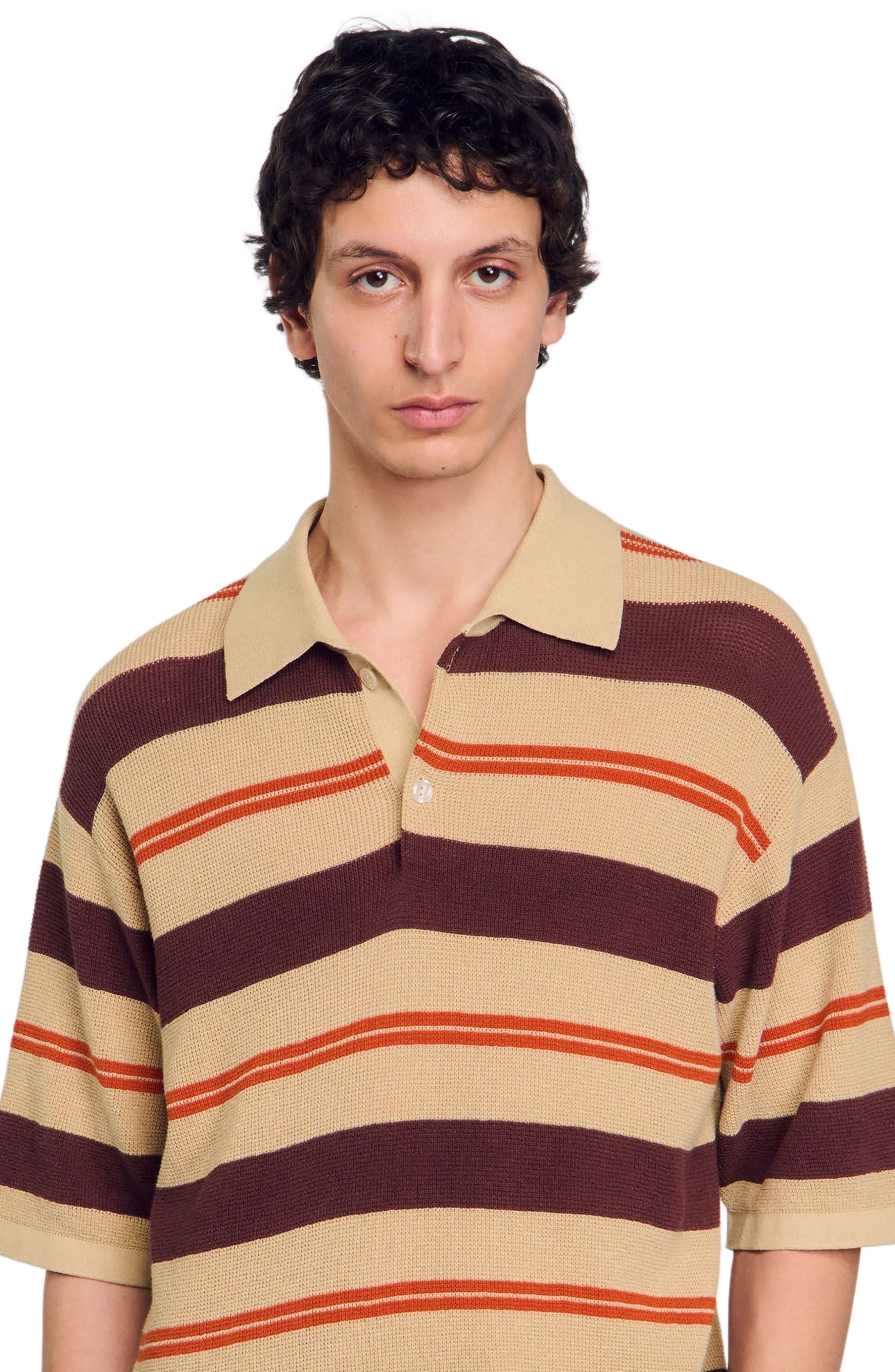 SANDRO Striped knit polo shirt in Nut at Nordstrom - 4