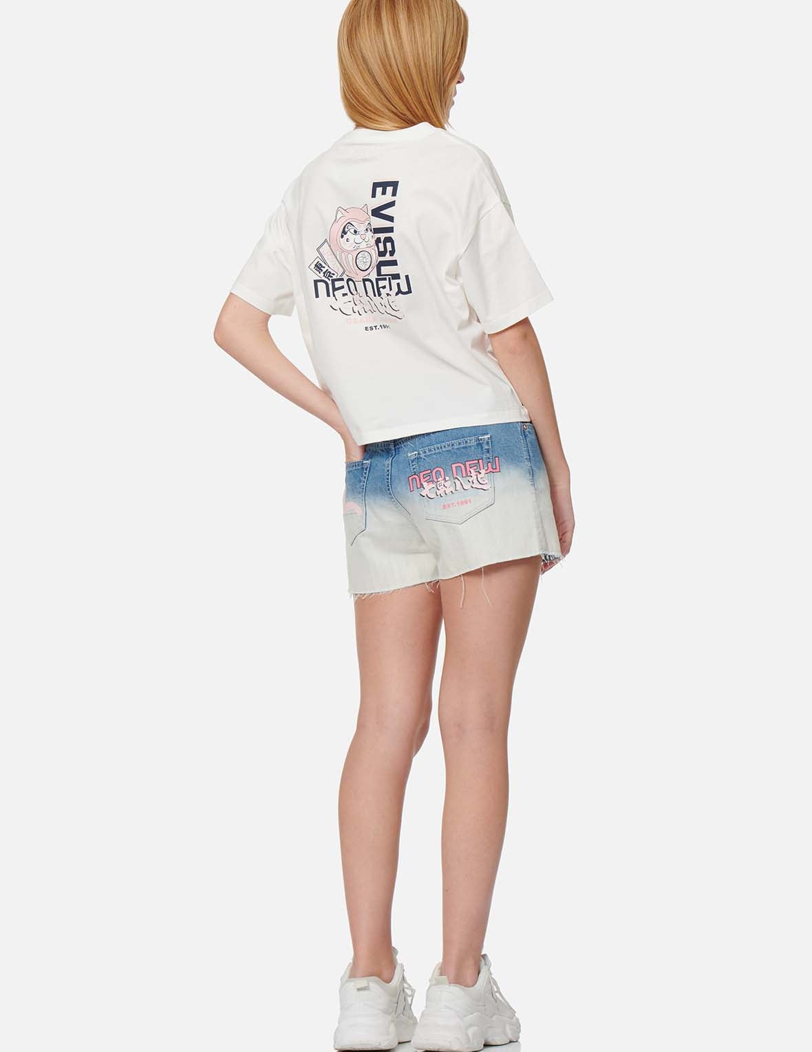 SEAGULL AND SLOGAN PRINT TIE-DYED DENIM SHORTS - 5