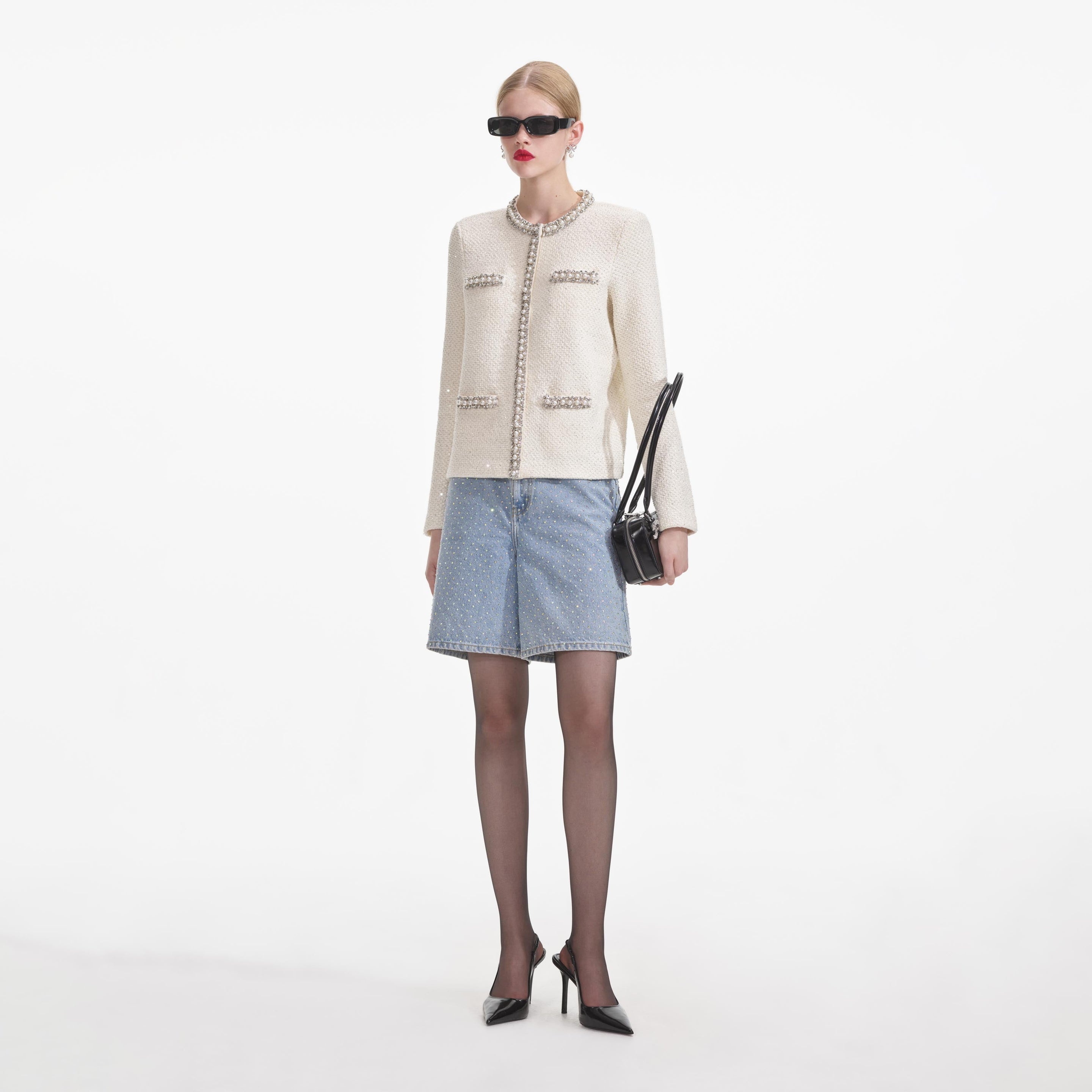 Cream Textured Knit Embellished Cardigan - 2