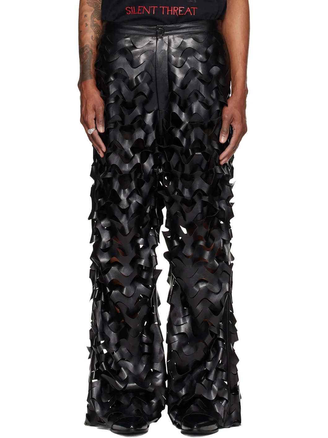 Black Laser Cut Faux-Leather Trousers - 1