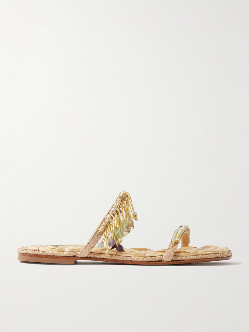 Fringed Bead-embellished Raffia Sandals 1