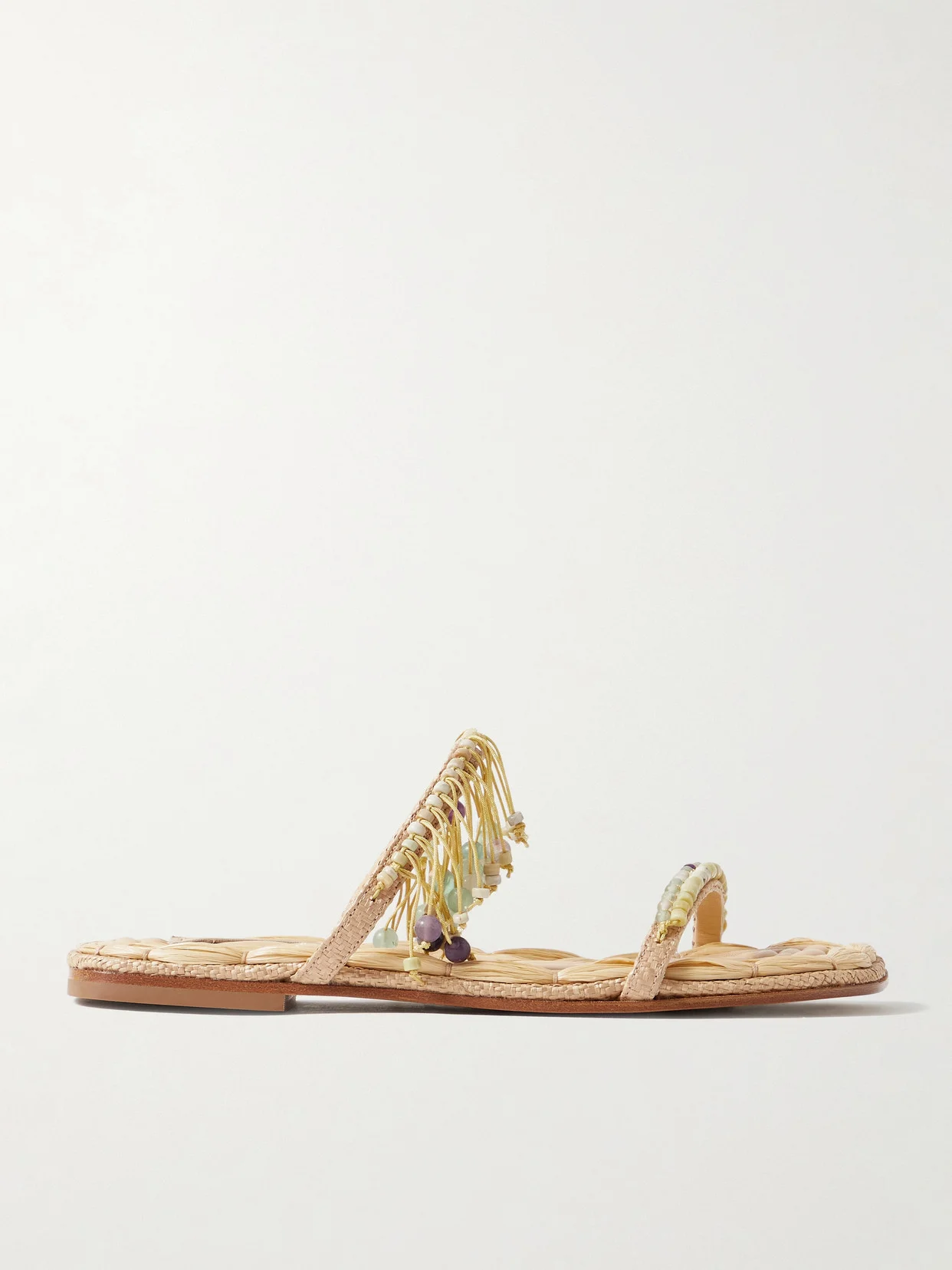 Fringed Bead-embellished Raffia Sandals - 1