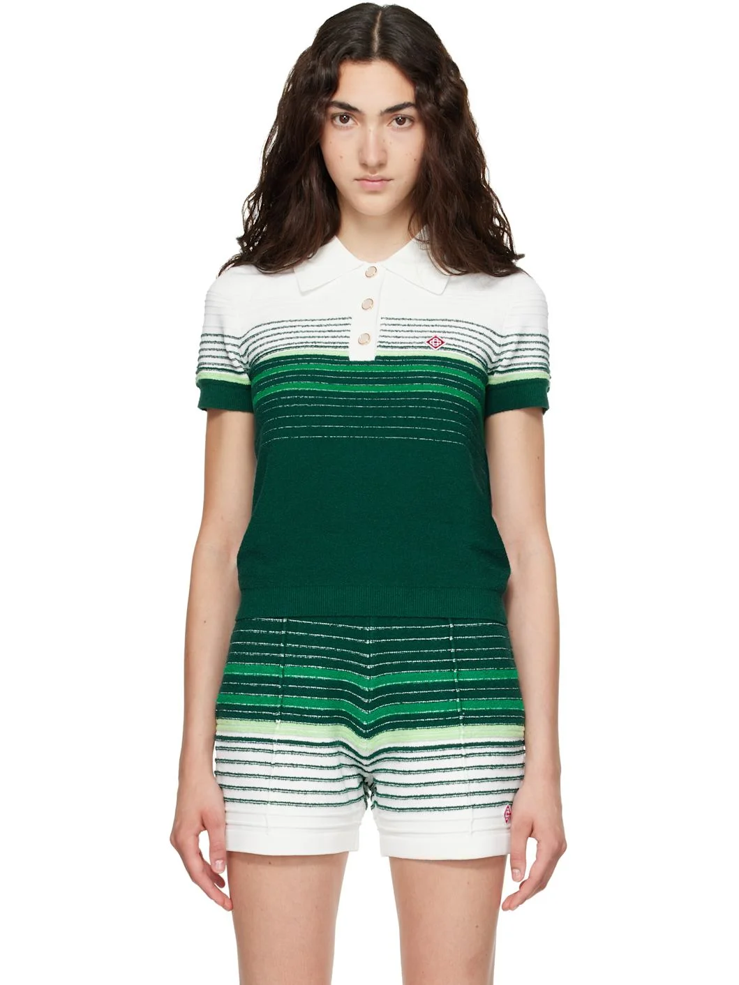 White & Green Boucle Stripe Short Sleeve Polo - 1