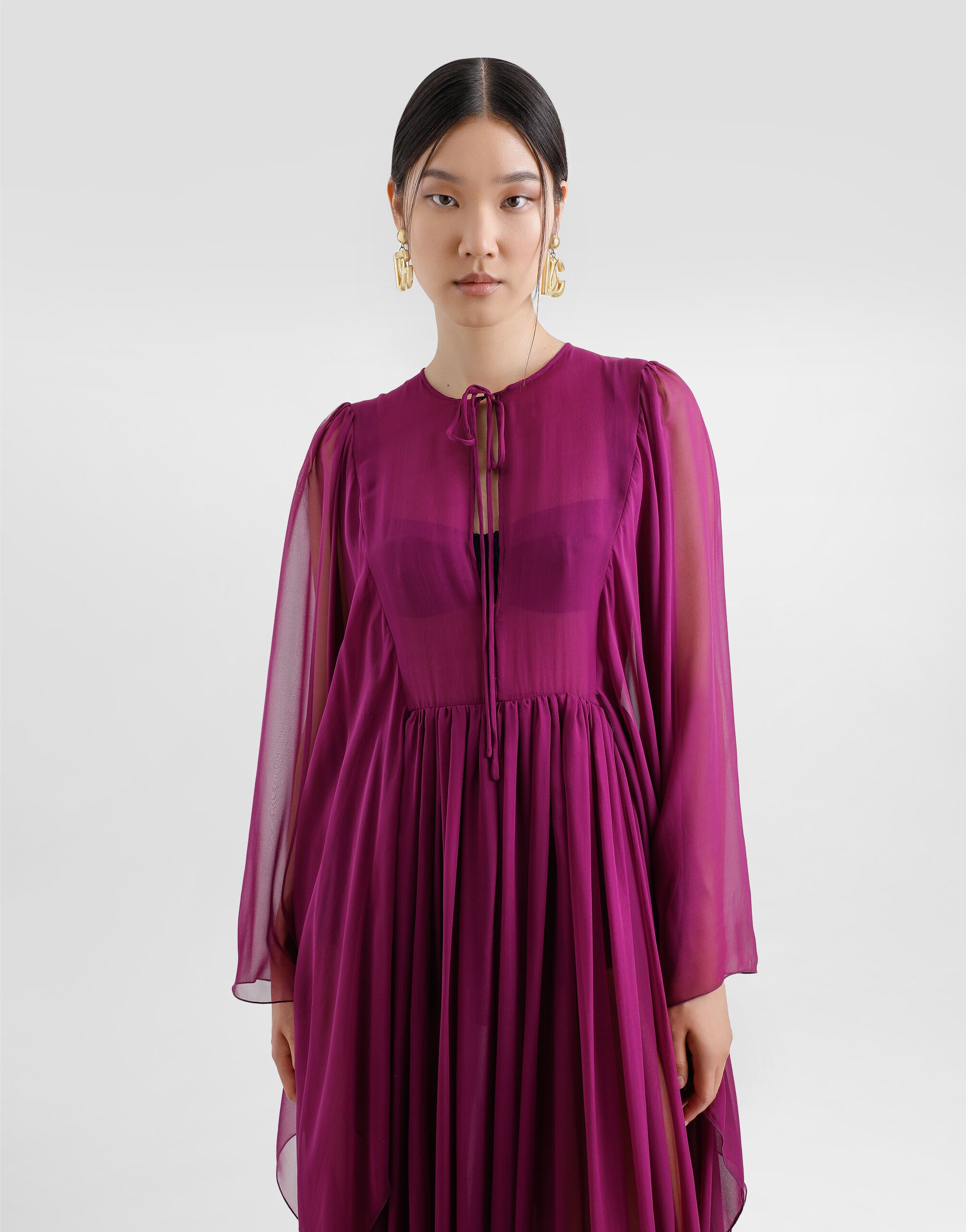 Long silk chiffon caftan with drawstring - 4