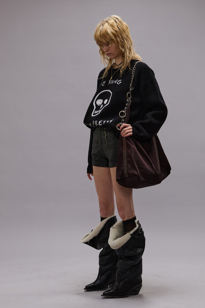 R13 DIE YOUNG BOYFRIEND SWEATER - BLACK WITH NEEDLE PUNCHED GRAPHIC -R13 outlook