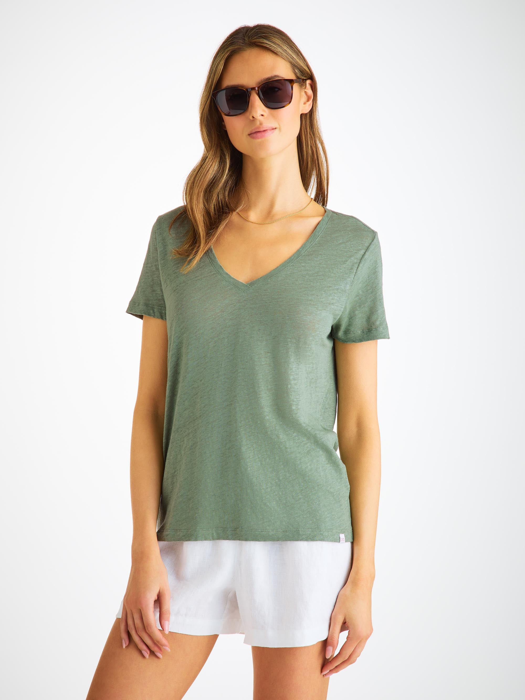 Women's V-Neck T-Shirt Jordan Linen Sage Green - 3