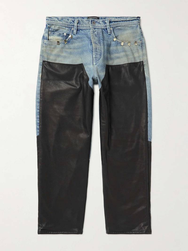 Embellished Leather-Panelled Distressed Jeans 1