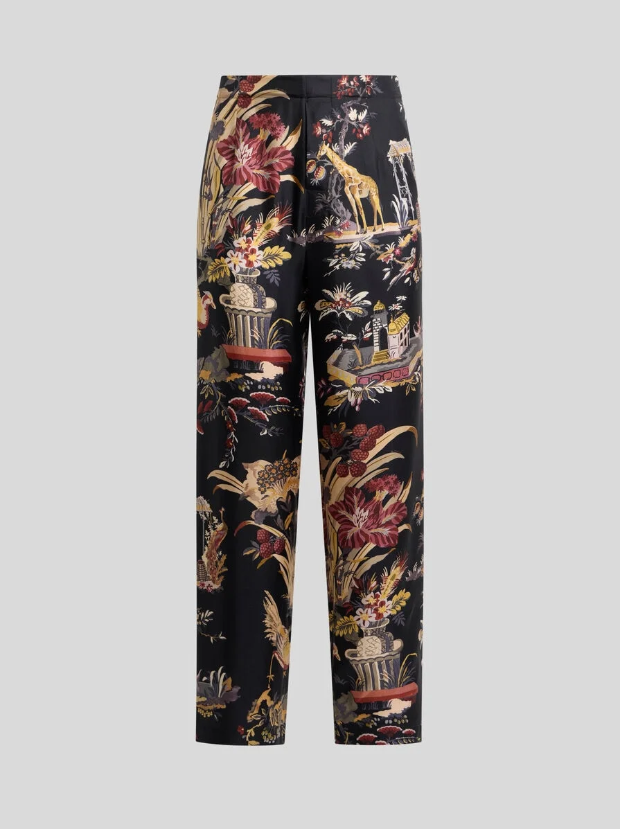 SILK PYJAMA-STYLE TROUSERS WITH FLOWER AND ANIMAL MOTIF - 1