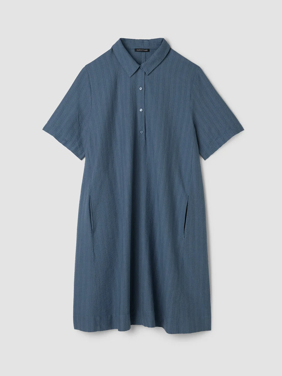 Cotton Blend Stripe Stitch Classic Collar Dress - 1