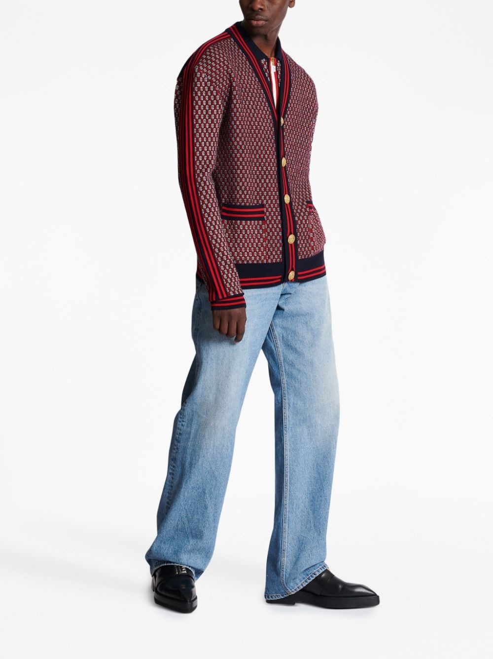 monogram-print checked wool cardigan - 3