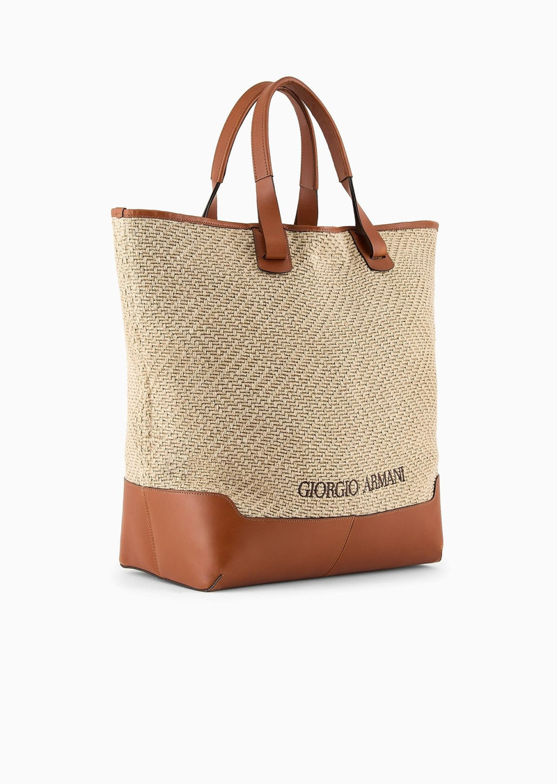 GIORGIO ARMANI Woven linen and leather shopper bag outlook