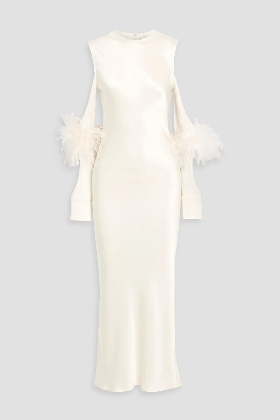 Cold-shoulder feather-trimmed satin-crepe midi dress - 1