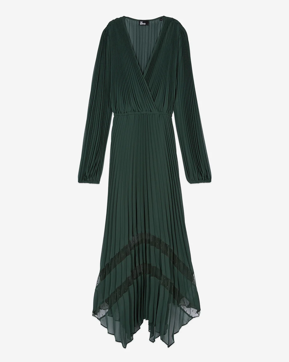 GREEN PLEATED LONG DRESS - 1