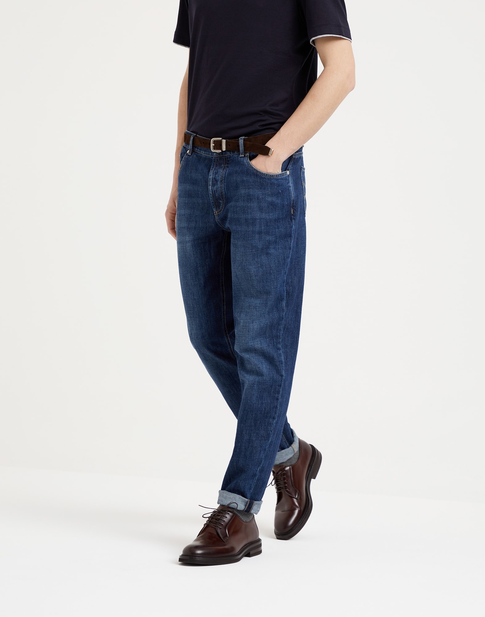 Lightweight denim traditional fit five-pocket trousers - 1