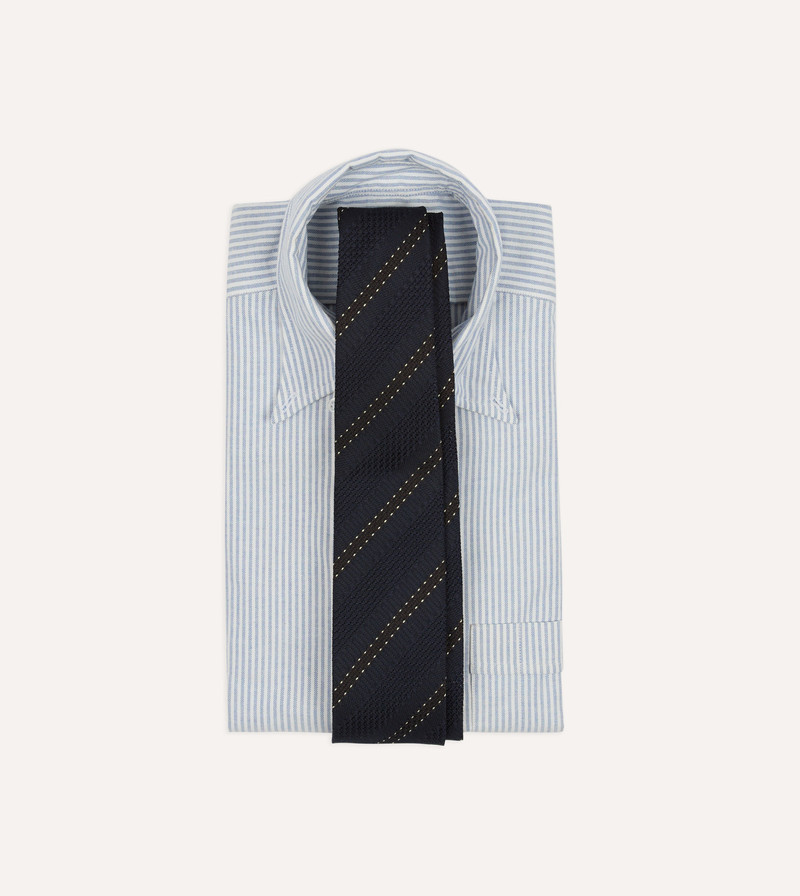 Drake's Navy and Brown Stitch Stripe Hand Rolled Silk Grenadine Tie outlook