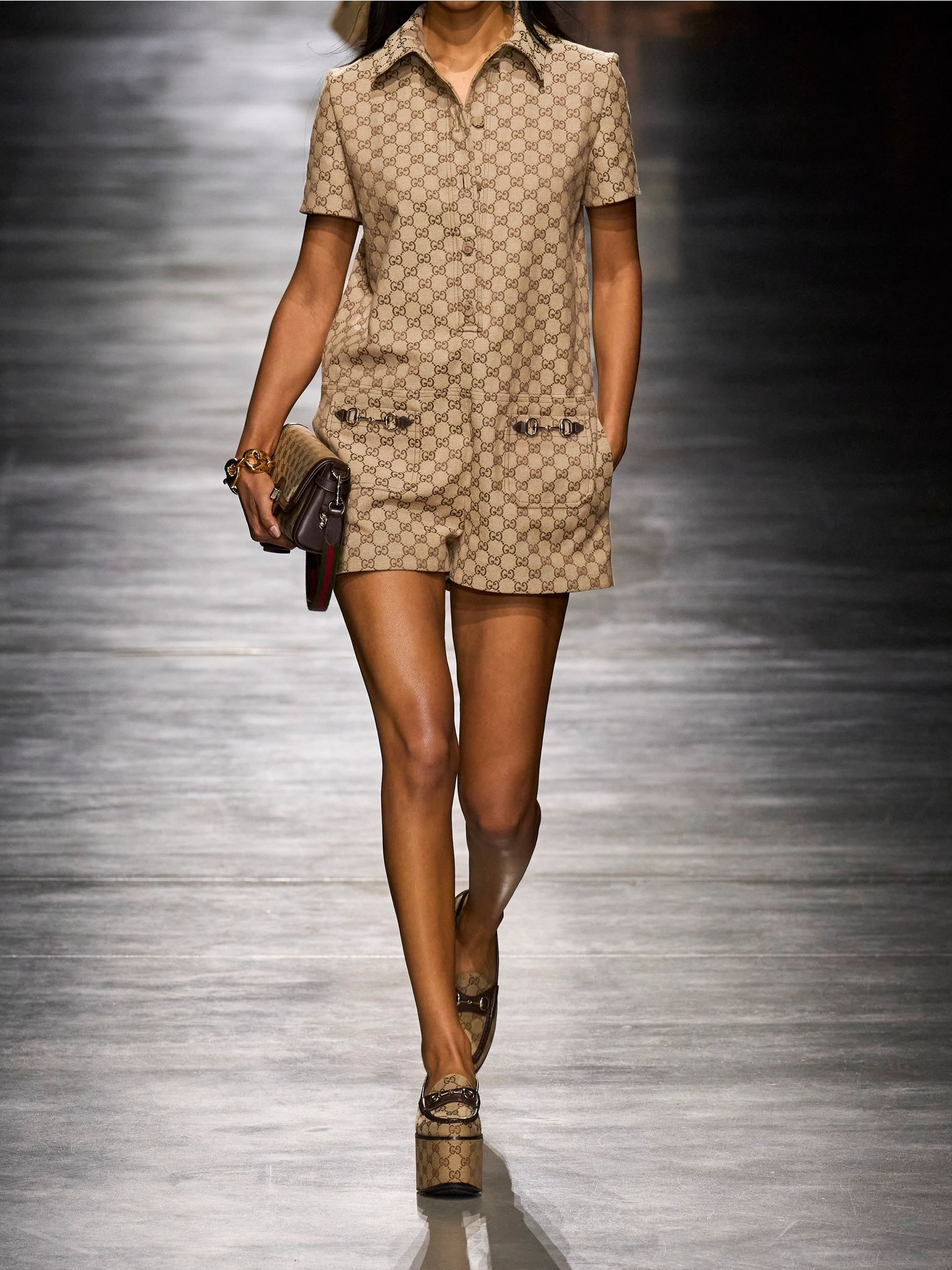 Embellished leather-trimmed canvas-jacquard playsuit Camel - 4