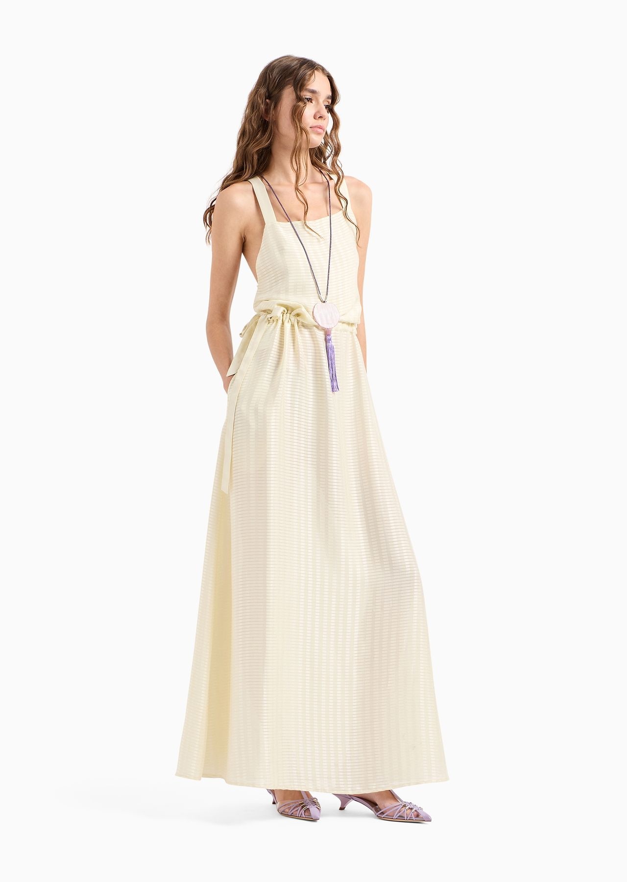 Drawstring dress with crossover shoulder straps and all-over rectangle motif - 4