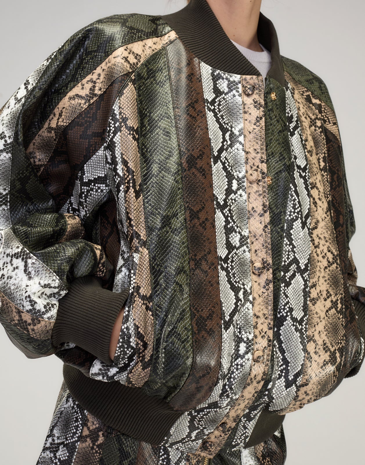 Snake-Embossed Vegan Leather Bomber Jacket - 6