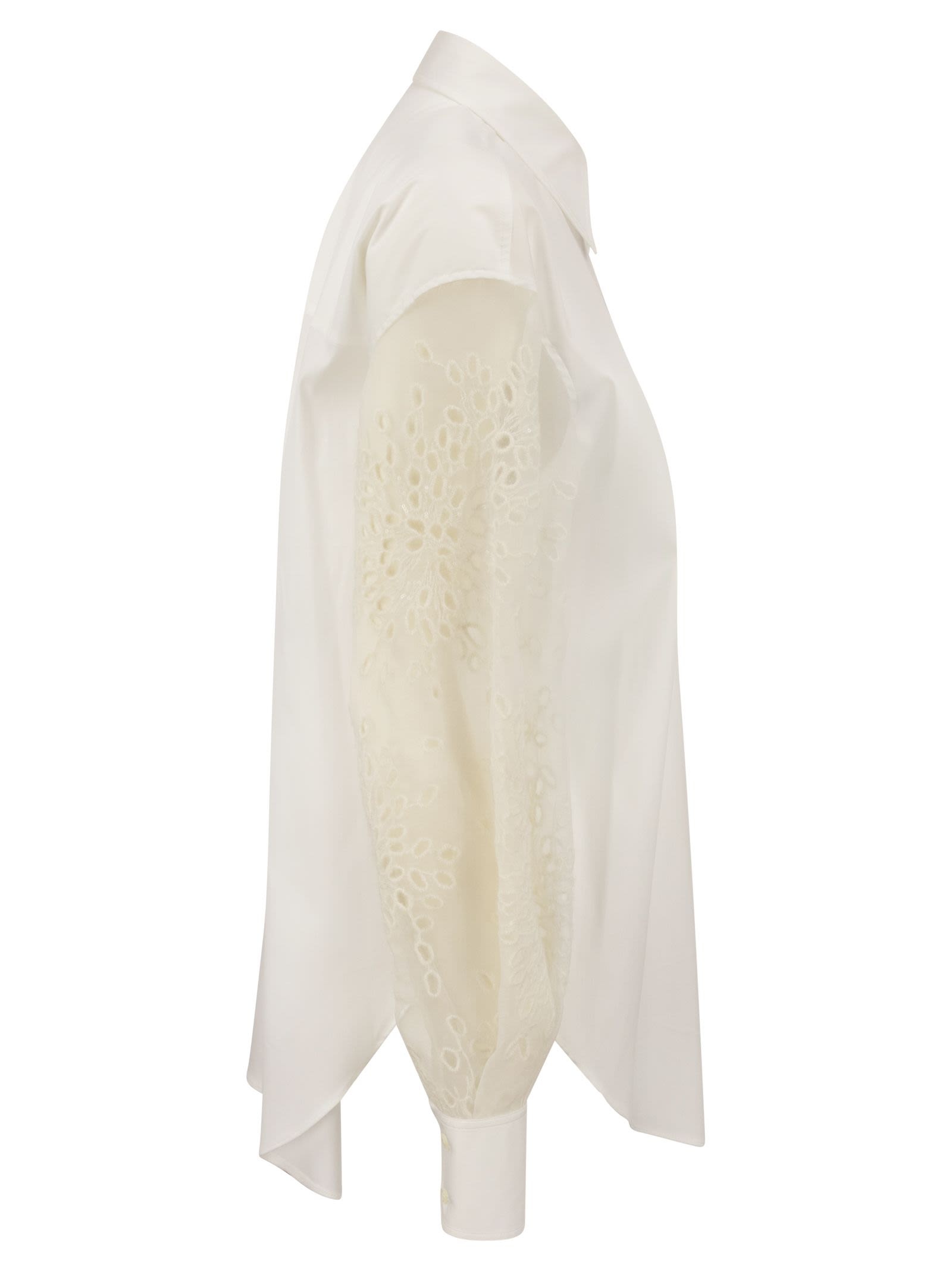 Brunello Cucinelli Women Stretch Cotton Poplin Shirt With Crispy Silk Broderie Anglaise Sleeve - 3