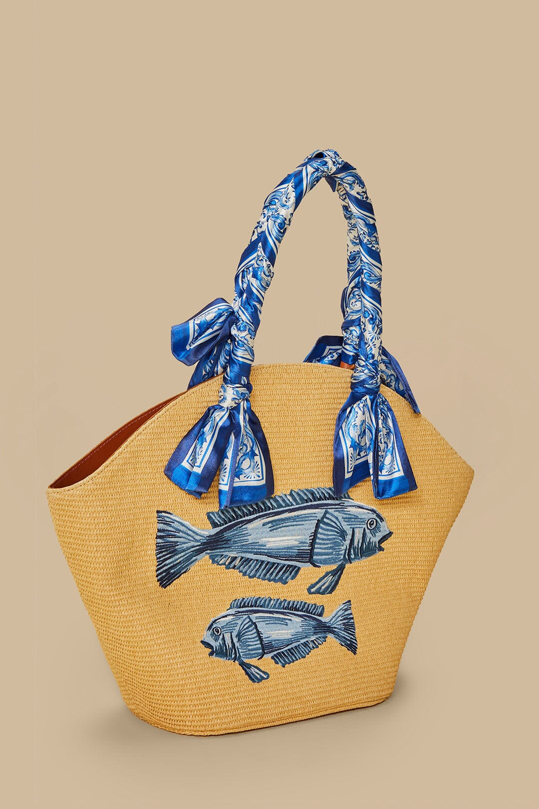 Blue Garden Tiles Raffia Shell Tote - 3