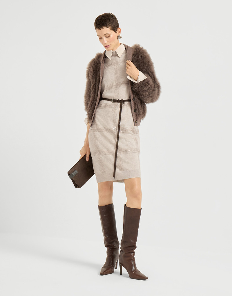 Virgin wool, cashmere and silk knit dress with dazzling macro Prince of Wales embroidery 5
