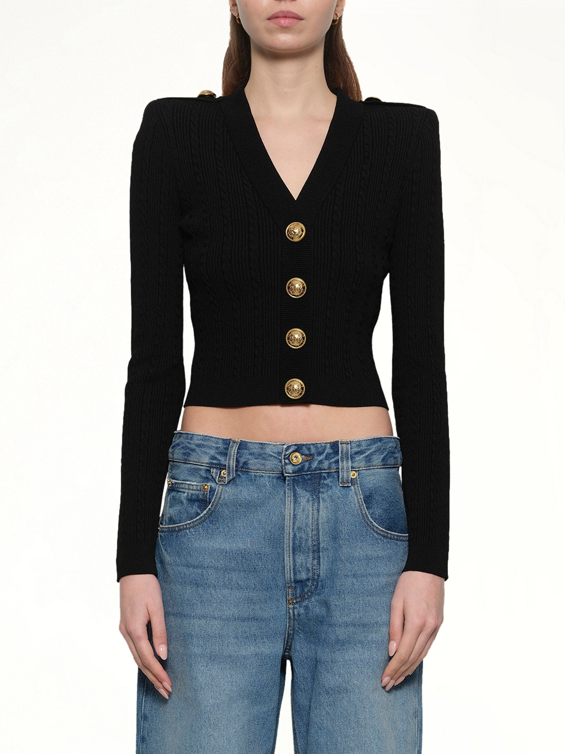 LS Buttoned V-Neck Torsade Knit Cardigan in Black - 1