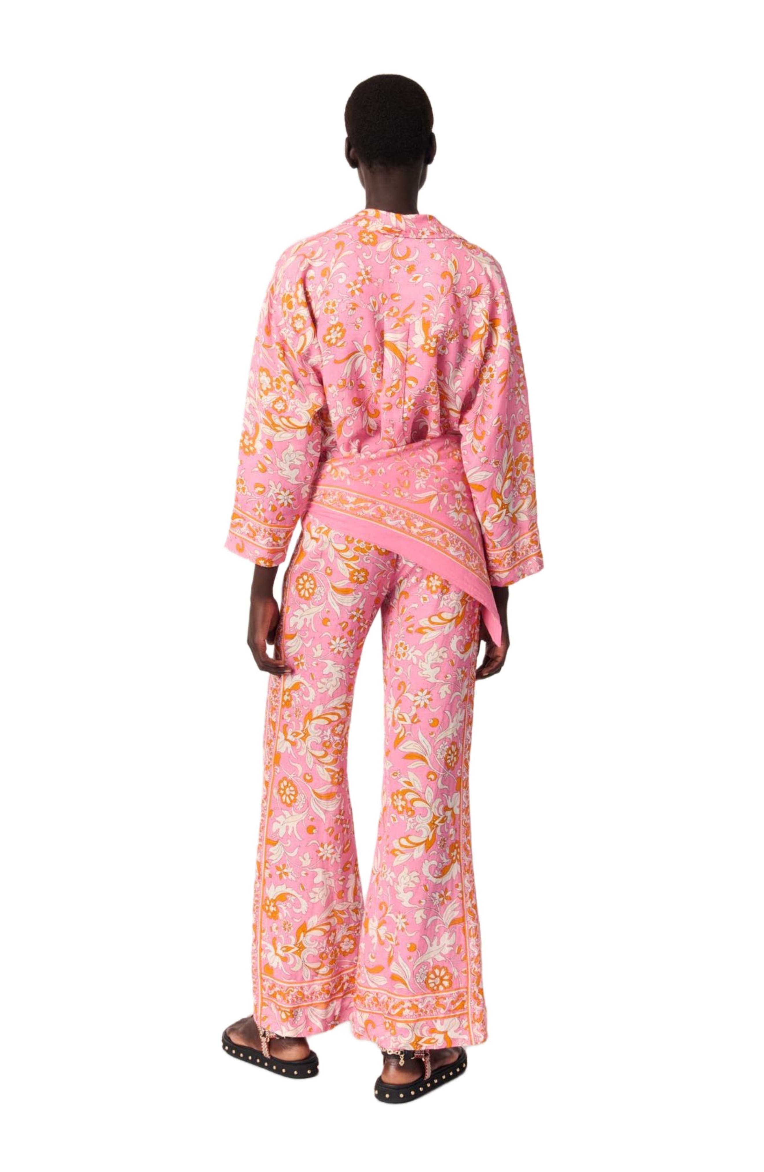 maje Patterned flowing linen shirt in Orange Pink Flowers Print at Nordstrom - 3