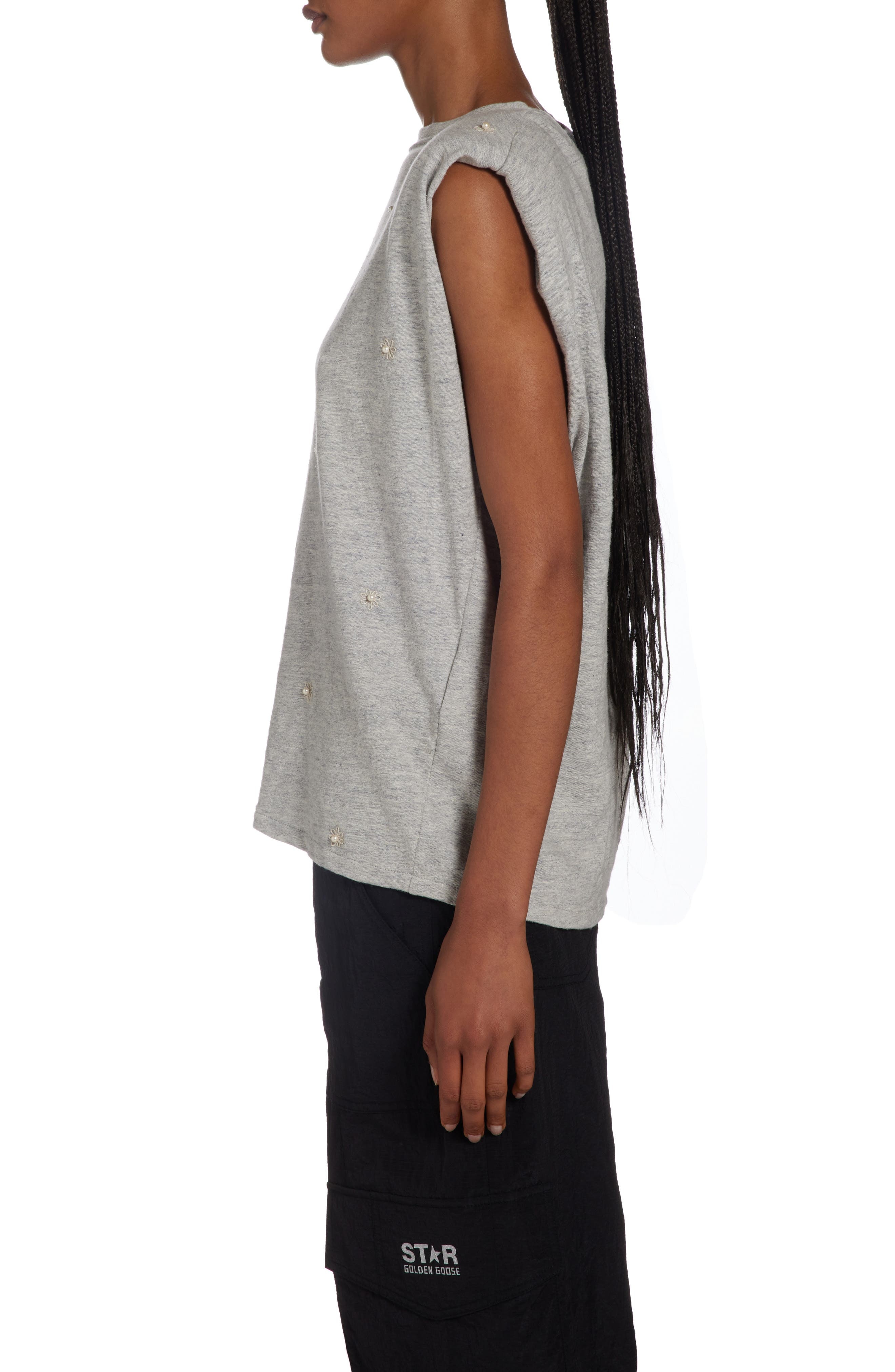 Golden Goose Imitation Pearl Embellished Cotton Shoulder Pad Tank in Melange Grey/Heritage White at  - 4