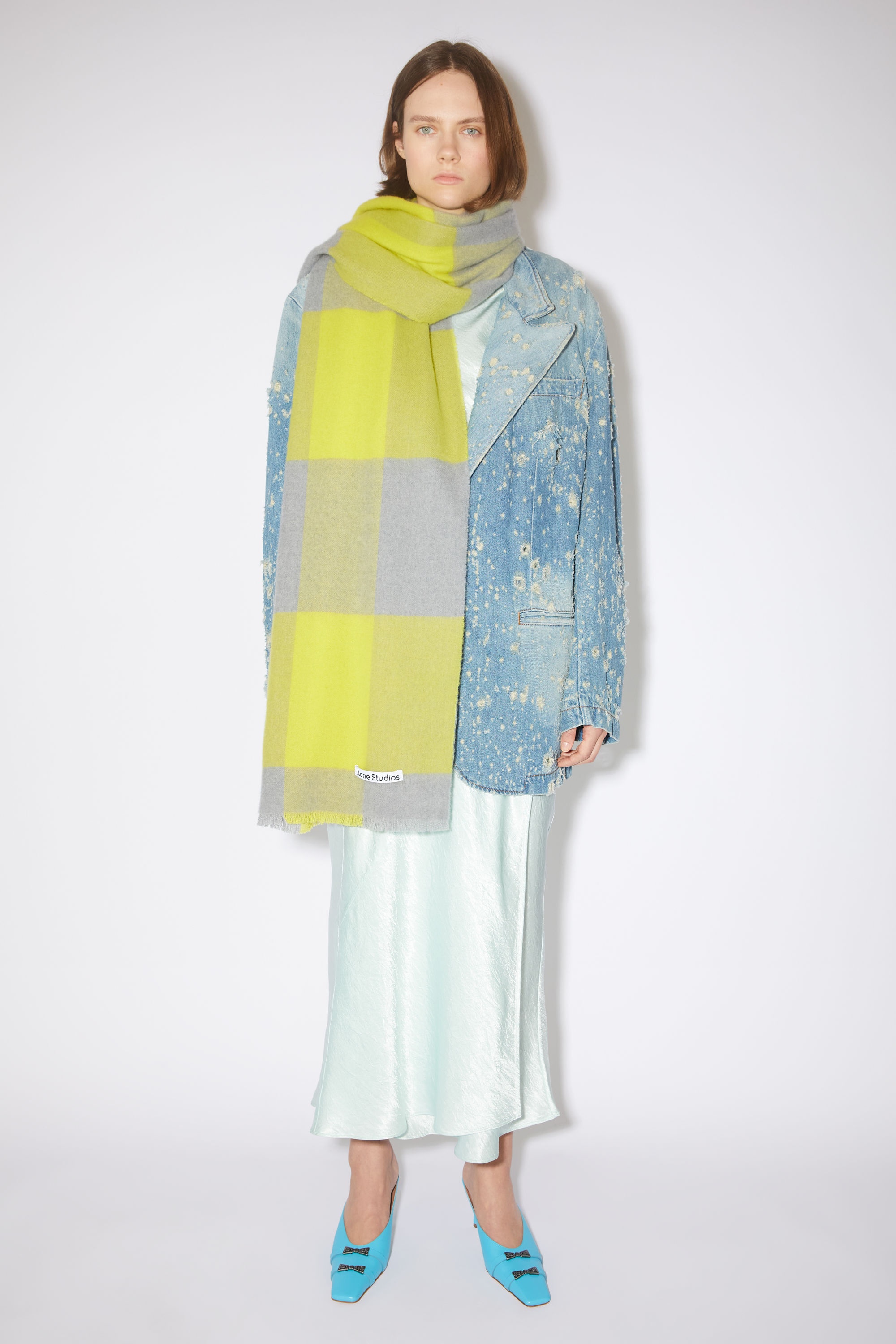 Check wool scarf - Acid yellow/carbon grey - 2