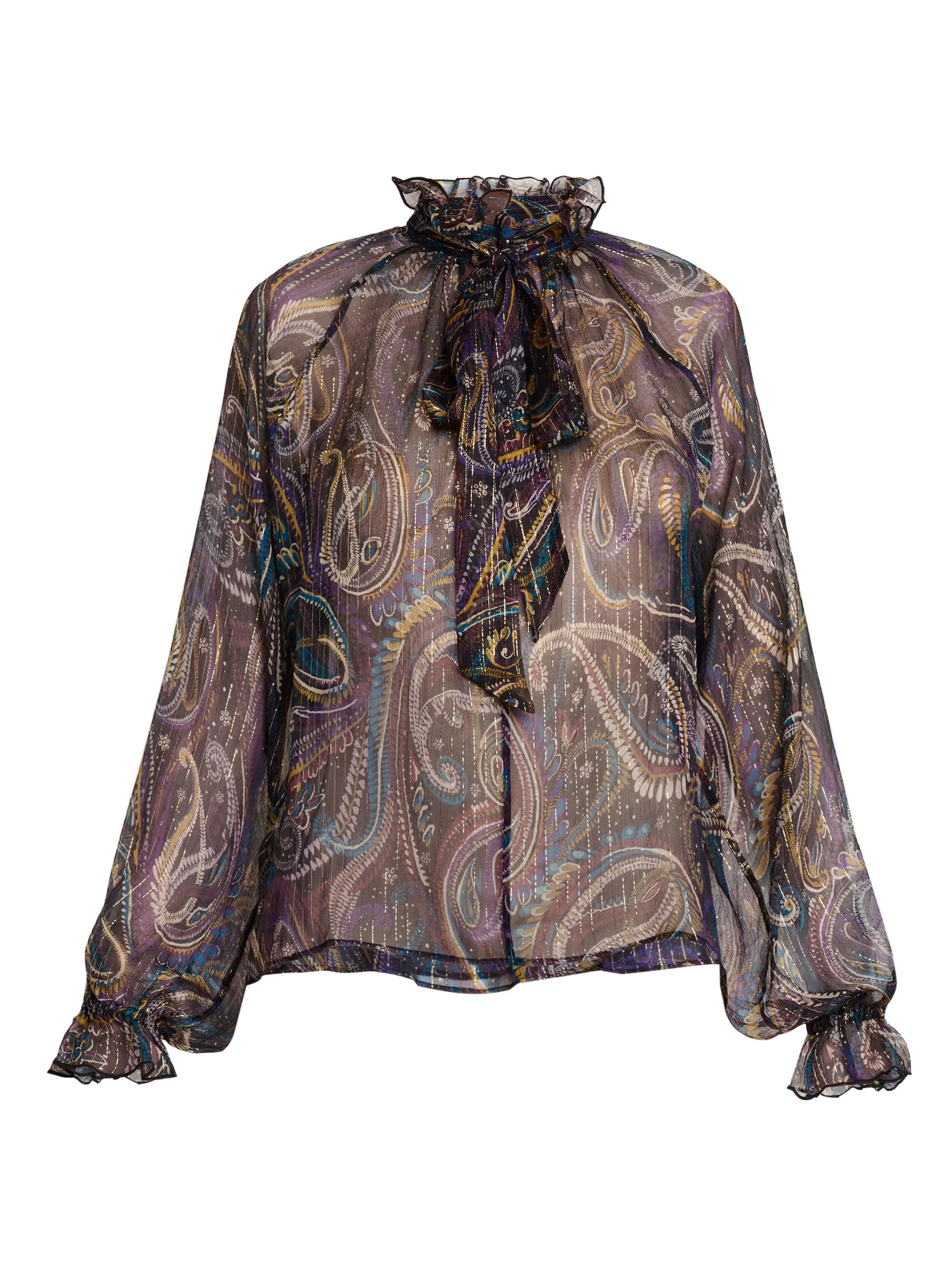 Women's Paisley Metallic Silk Ruffle Blouse - Printed Black Base - 1