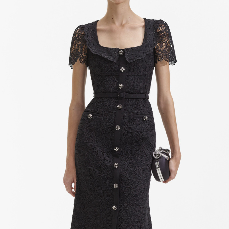 self-portrait Black Guipure Lace Button Midi Dress - SS24-004M-B |  REVERSIBLE