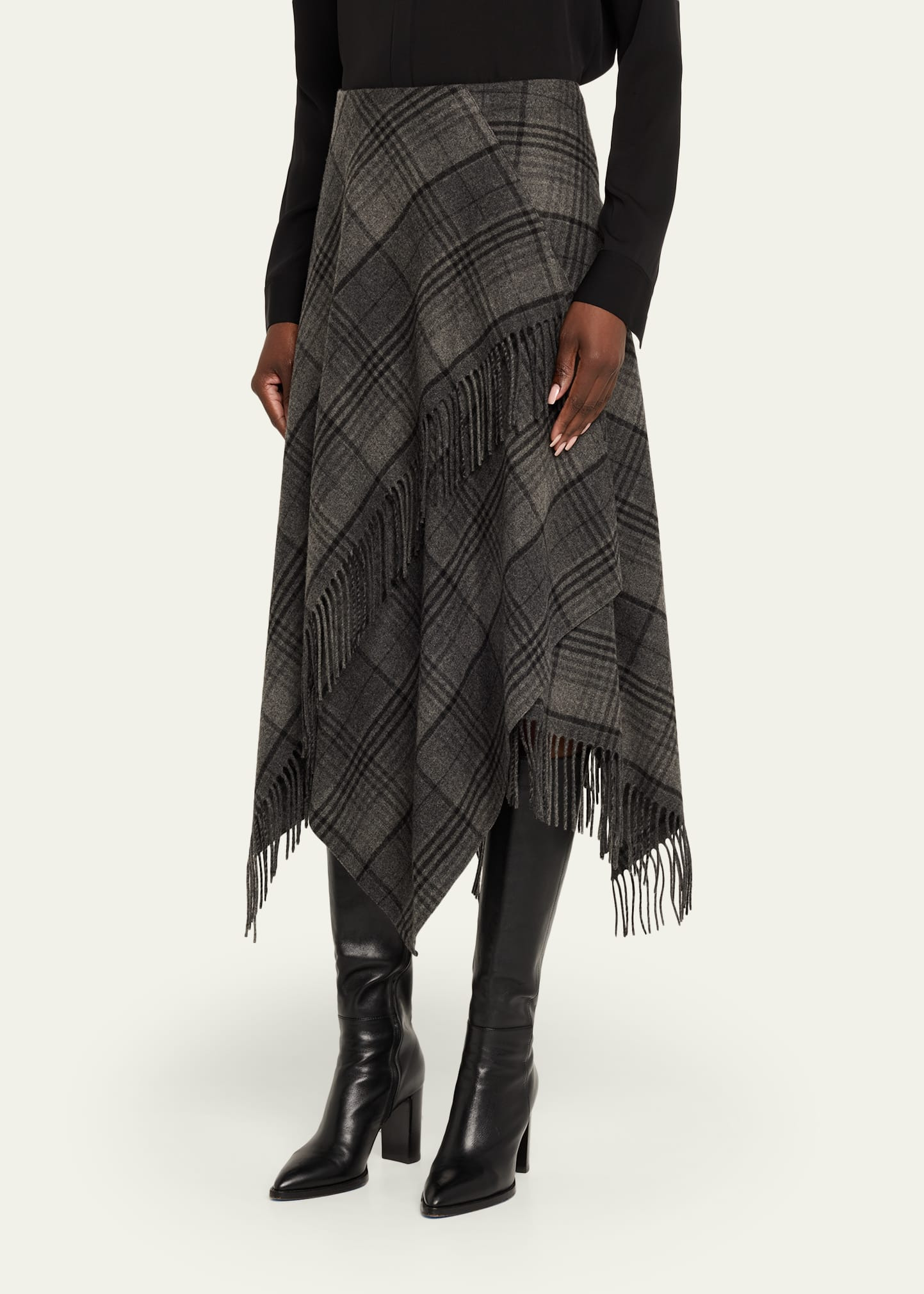 Fringed Plaid Wrap Midi Skirt - 4