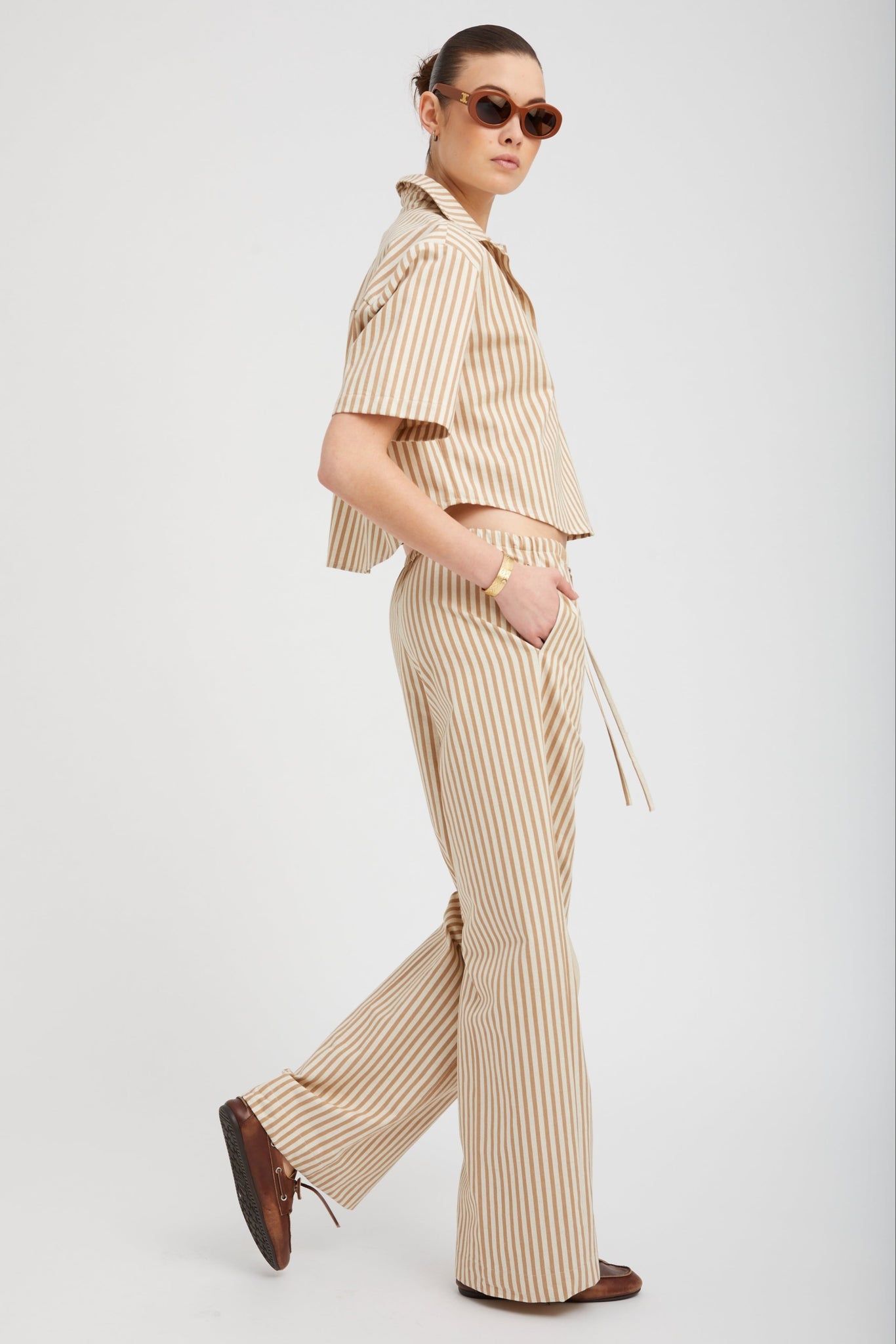 CAMEL STRIPE LINEN DRAWSTRING PANTS - 3