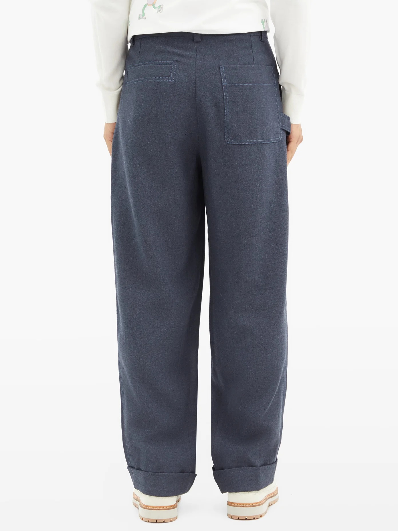 Contrast-stitch wool-blend wide-leg trousers - 5