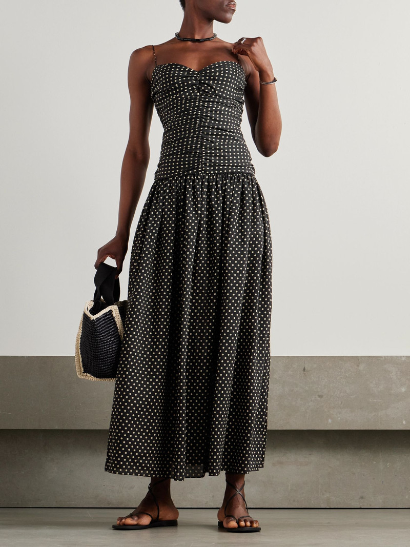 MATTEAU Gathered polka-dot organic cotton and silk-blend midi dress Black outlook