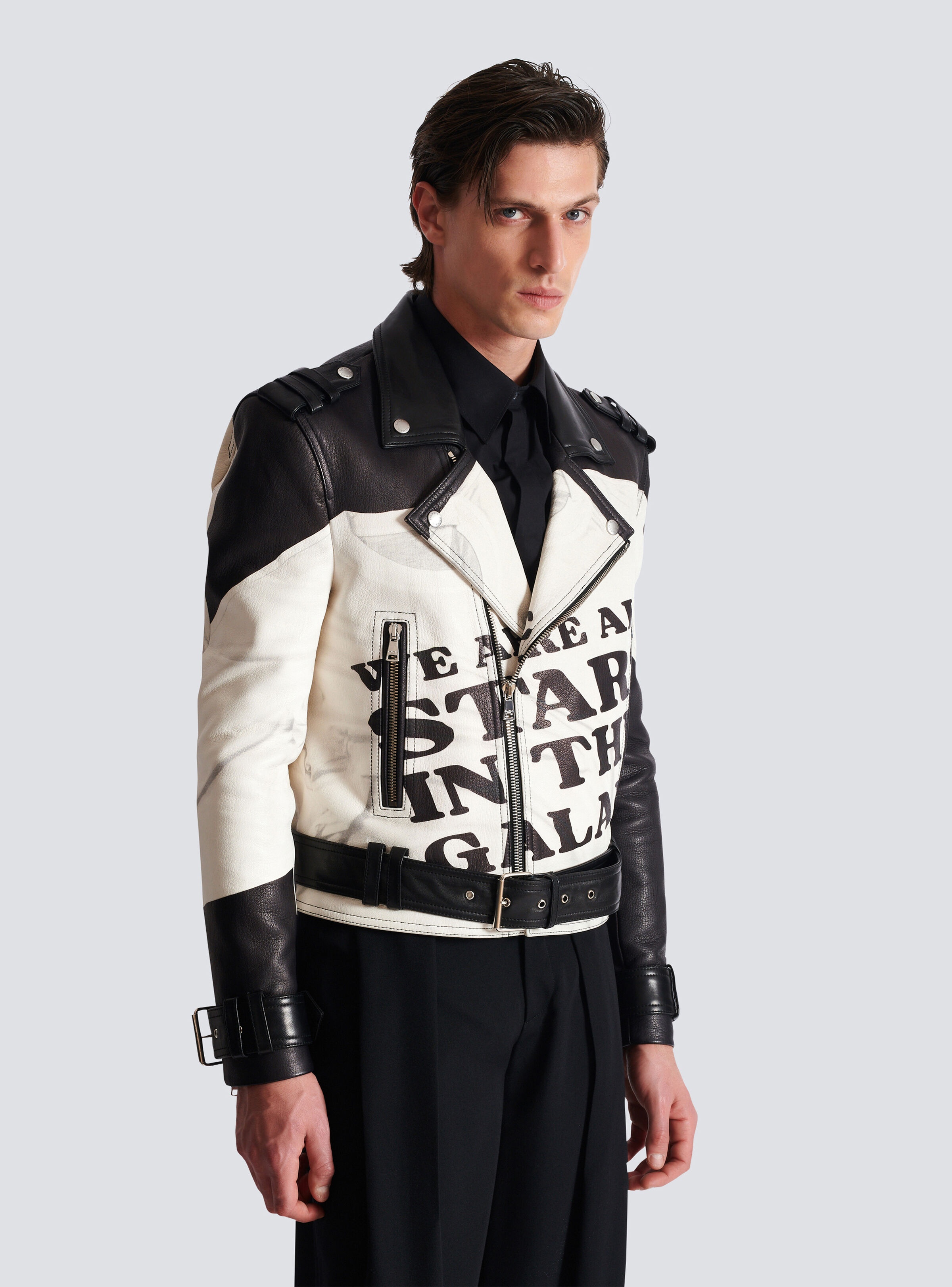 Leather biker jacket with trompe-l'œil T-shirt print - 7