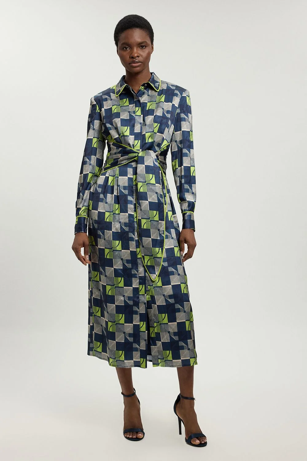 Geo Print Hammered Satin Tie Waist Woven Midi Dress - 1